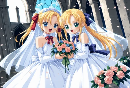 score_9, score_8_up, score_7_up, source_anime,
2girls,
outdoors, (church, white church, roof, sky, day:1.1), white petals, huge bell, mountainous horizon
ADDBASE
2girls, fifthrina, blue eyes, blonde hair, long hair, twintails, ribbon, hair ribbon, red ribbon,
blush, happy tears, open mouth, looking at viewer,
wedding dress, white dress, frills, bridal veil, bare shoulders,
holding, flower wrapper, bouquet
ADDCOL
2girls, fifthena, green eyes, blonde hair, long hair, ponytail, sidelocks, ribbon, hair ribbon, blue ribbon,
blush, happy tears, looking at viewer,
wedding dress, white dress, frills, bridal veil, bare shoulders,
holding, flower wrapper, bouquet
<lora:FifthTwin_AileStyle_sdxl-pony-v010_XLOUTA:0.9>