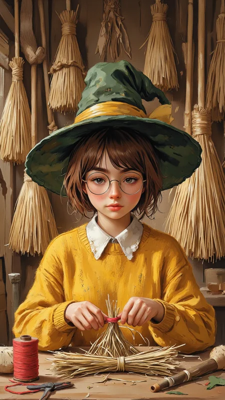 detailed digital illustration depicting a young person with light skin and short, brown hair, wearing large, round glasses and a dark green, witch hat. They are seated at a wooden table, working with a bundle of straw, which they are carefully tying with a red string. The person is dressed in a mustard-yellow, knitted sweater with a white collar, and they have a focused expression on their face.The background is filled with an assortment of straw brooms hanging on the wall, each with varying shades of brown and beige, adding to the rustic, witchy ambiance. The brooms are arranged vertically, with some hanging horizontally. To the left of the person, there is a small, red spool of string and a pair of scissors on the table, suggesting that the person is actively engaged in a craft or magical activity. The setting appears to be a cozy, indoor workshop or cottage, with a warm, earthy color palette dominated by browns and yellows. The illustration is characterized by a whimsical, folkloric style, with a meticulous attention to texture and detail, creating a rich, immersive visual experience.,aidmaimageupgrader, aidmaMJ6.1, <lora:aidmaMJ6.1-FLUX-v0.5:0.7> <lora:aidmaImageUprader-FLUX-v0.3:0.4> <lora:FLUX_fantasy_Styler_2_64:0.8>