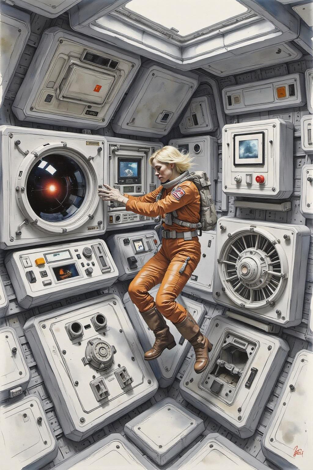 yawc1 watercolor. Overhead sideview of a blonde woman dressed in a orange spacesuit and heavy boots, is carefully re-enacting the iconic scene from 2001: A Space Odyssey where David Bowman deactivates HAL 9000. Floating weightless on one side of a vast empty spacecraft, she methodically removes the components of the HAL 9000 interface, one piece at a time. The setting is tense and sterile, with bright lighting reflecting off the white sterile surfaces, capturing the eerie, unsettling atmosphere of the original scene. The red glow of HAL's eye slowly fades as the scene unfolds, highlighting the dramatic tension between human and machine  <lora:yawcolor_nocap1_d4a2:1.0> <lora:Flux-Sch-SingleBlocks-BF16:1.0><lora:799519346528504593:0>