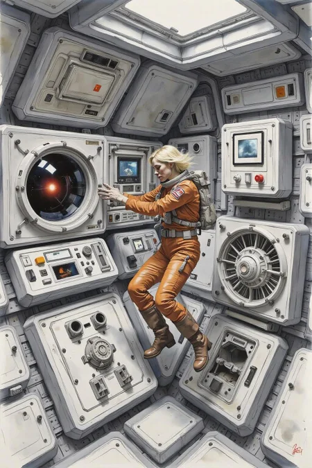 yawc1 watercolor. Overhead sideview of a blonde woman dressed in a orange spacesuit and heavy boots, is carefully re-enacting the iconic scene from 2001: A Space Odyssey where David Bowman deactivates HAL 9000. Floating weightless on one side of a vast empty spacecraft, she methodically removes the components of the HAL 9000 interface, one piece at a time. The setting is tense and sterile, with bright lighting reflecting off the white sterile surfaces, capturing the eerie, unsettling atmosphere of the original scene. The red glow of HAL's eye slowly fades as the scene unfolds, highlighting the dramatic tension between human and machine <lora:yawcolor_nocap1_d4a2:1.0> <lora:Flux-Sch-SingleBlocks-BF16:1.0><lora:799519346528504593:0>