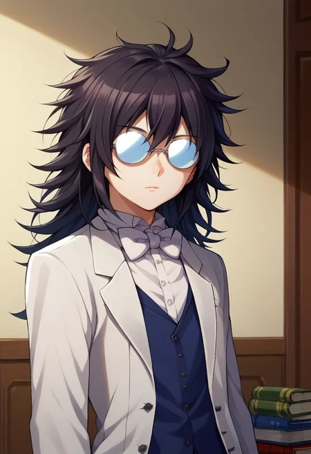 score_9, score_8_up, score_7_up, source_anime, highly detailed,
leopa, male focus, solo, glasses, 1boy, book, opaque glasses, black hair, long hair, messy hair, bowtie, bow, bowtie, white bowtie, coke-bottle glasses, formal, suit, white suit, jacket, white jacket, vest, blue vest, upper body,