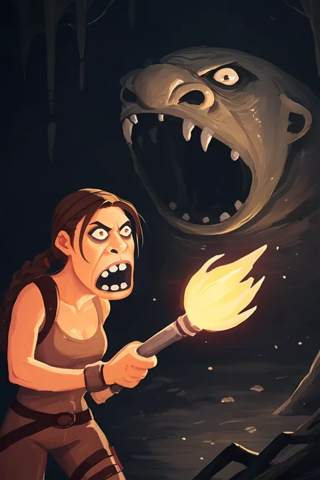 score_9, score_8_up, score_7_up, score_6_up, 1girl as lara croft, at dark cave, fears, moster at background, <lora:lozhkin_pony:0.95> lozhkin, open mouth, teeth, big smile, mid shot, body shot, hold torch, side view