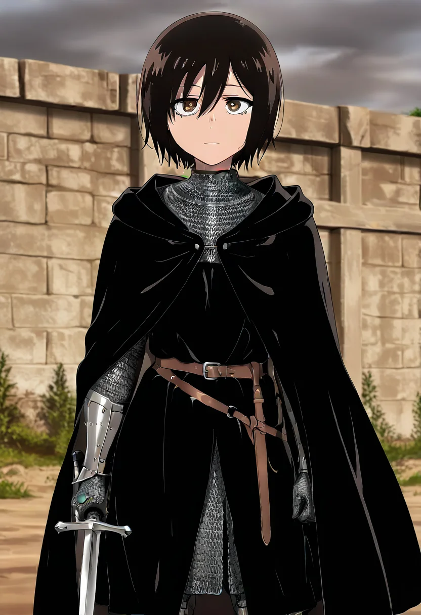 masterpiece, best quality, absurdres, detailed skin, detailed eyes, anime colored, anime screencap,
<lora:Kohakobe_Midori:0.8>, Kohakobe Midori, 1 girl, dark hair, hair between eyes, brown eyes, expressionless, looking at viewer,
<lora:Great_Helm:0.8>, chainmail, ((holding greathelm)), sword, sheathed, cape, gauntlets, no headwear,
outdoors,