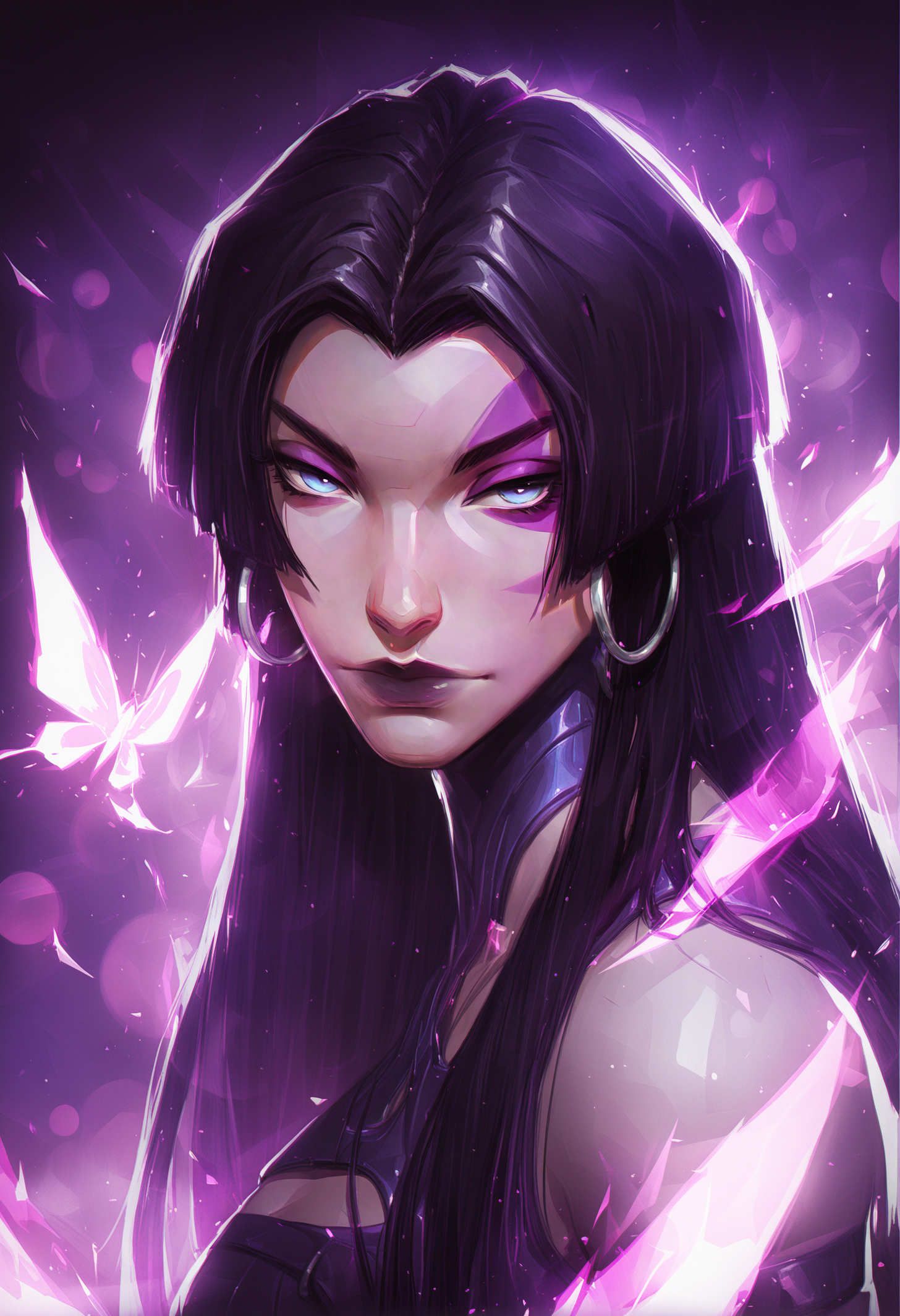 (EyesHD:1.2), (4k,8k,Ultra HD), ultra detailed, masterpiece, best quality, amazing quality, highres, absurdres, very aesthetic, very awa, western, cartoon, shiny skin, skindentation, laurelin, nilual, chromatic aberration, glowing,, 1girl, solo, psylocke_vengeance, blue eyes, black hair, straight hair, long hair, hoop earrings, jewelry, 
BREAK,
looking at viewer, face focus, close up,, bokeh, luminescent background, glowing butterfly,, raytracing, hyper detailed, volumetric lighting, lazypos, intricate details, dark shadows, high contrast, <lora:PsylockeVengeance_Illu_Dwnsty:1.0000000000000002> <lora:laurelin-guy90-Illust-LoraV1:0.45000000000000007> <lora:Dramatic_Lighting_Slider:0.30000000000000004> <lora:spo_sdxl_10ep_4k-data_lora_webui:0.45000000000000007>