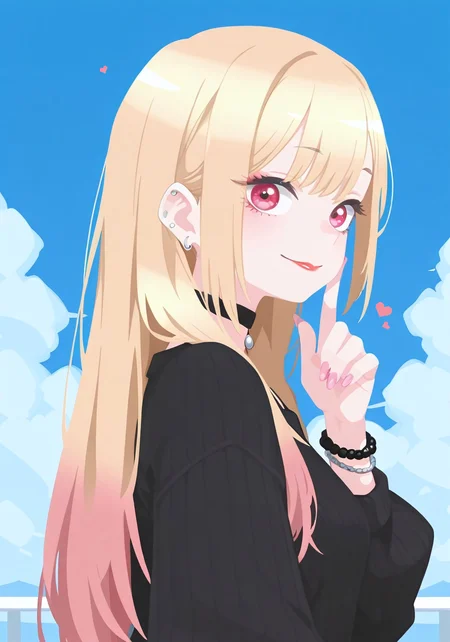 masterpiece, best quality, amazing quality, absurdres, newest, (looking at viewer), Enchanting Eyes, Detailed eye, Eye detail, no lineart, no outline,

BREAK

Marin Kitagawa, 1girl, blonde hair, long hair, multicolored hair, red eyes | pink nails, nail polish, fingernails, jewelry, earrings, ear piercing, barbell piercing, bracelet, happy,

shirt, earrings, jewelry, choker, puffy sleeves, choker, black shirt, black sweater, upper body, striped clothes, nail polish, from side, pink nails, sweet red lips,

BREAK

simply heart fly around,

BREAK

blue sky, blue background, clouds in sky, clouds, 

h4ra_illu, ma1ma1helmes_b_illu, haiz_ai,