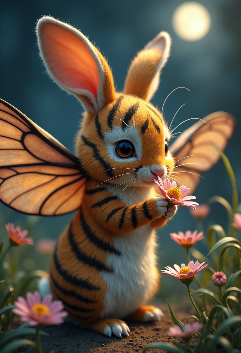 Capture a hyper-realistic photograph of a delicate yet powerful creature, a rabbit with the striped fur of a tiger, combined with the soft, powdery wings and antennae of a moth. The rabbit’s body is small and fluffy, with bold orange and black stripes covering its fur, and its back is adorned with large, soft moth wings that shimmer in muted tones. The scene is set in a moonlit garden, with the creature nestled among flowers, its wings gently fluttering as it sniffs at a bloom.