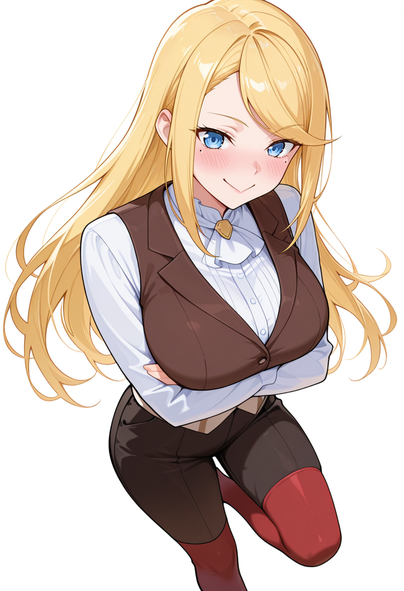 masterpiece,high quality details, absurdres,
 <lora:Cecil:0.8> cecil_cnr,blonde hair, long hair, swept bangs, blue eyes,mole under eye, large breasts,, simple background, white background, dynamic angle,solo,, :>=,, standing with weight on one leg,arms crossed,playful smile,, crazy smile,flustered,, waistcoat   ,vest,pleated pants,  ,red thighhighs,