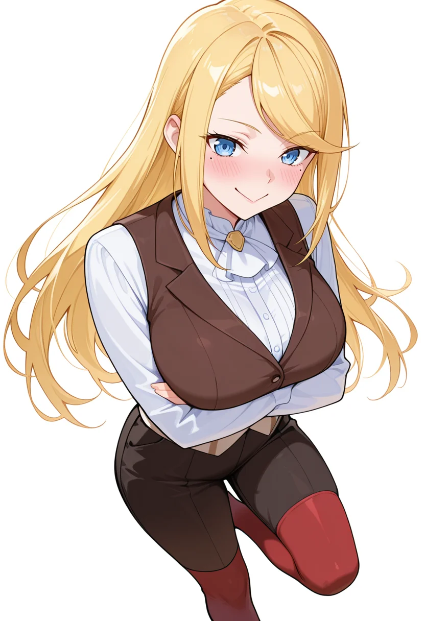 masterpiece,high quality details, absurdres,
<lora:Cecil:0.8> cecil_cnr,blonde hair, long hair, swept bangs, blue eyes,mole under eye, large breasts,, simple background, white background, dynamic angle,solo,, :>=,, standing with weight on one leg,arms crossed,playful smile,, crazy smile,flustered,, waistcoat ,vest,pleated pants, ,red thighhighs,