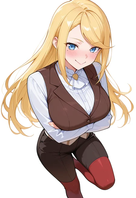 masterpiece,high quality details, absurdres,
 <lora:Cecil:0.8> cecil_cnr,blonde hair, long hair, swept bangs, blue eyes,mole under eye, large breasts,, simple background, white background, dynamic angle,solo,, :>=,, standing with weight on one leg,arms crossed,playful smile,, crazy smile,flustered,, waistcoat   ,vest,pleated pants,  ,red thighhighs,