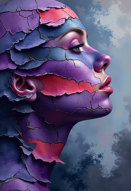 Watercolor style, watercolor, wet on wet, paintstreaks, watercolor painting, \nA A digital abstract art piece with a side profile of a woman's face. The face is made of horizontal layers of vibrant colors, such as purple, red, and navy blue. The layers give the illusion of peeling or disintegrating. The cracked, textured surface resembles aged paint or weathered wood. The background is a gradient of dark blues and grays.
