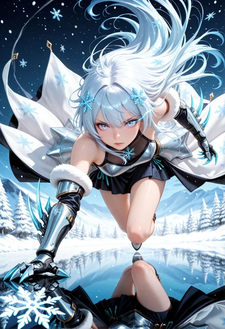 SmoothNoob_Quality, HDR,dynamic compasiton ,luminous Contrast,1girl,armored dress,snowflake,snowflake hair ornament,snowflake print,snowflakes,long hair,cyber fashion, eye trail, claw \(weapon\), luminous weapon, dynamic pose,reflection,