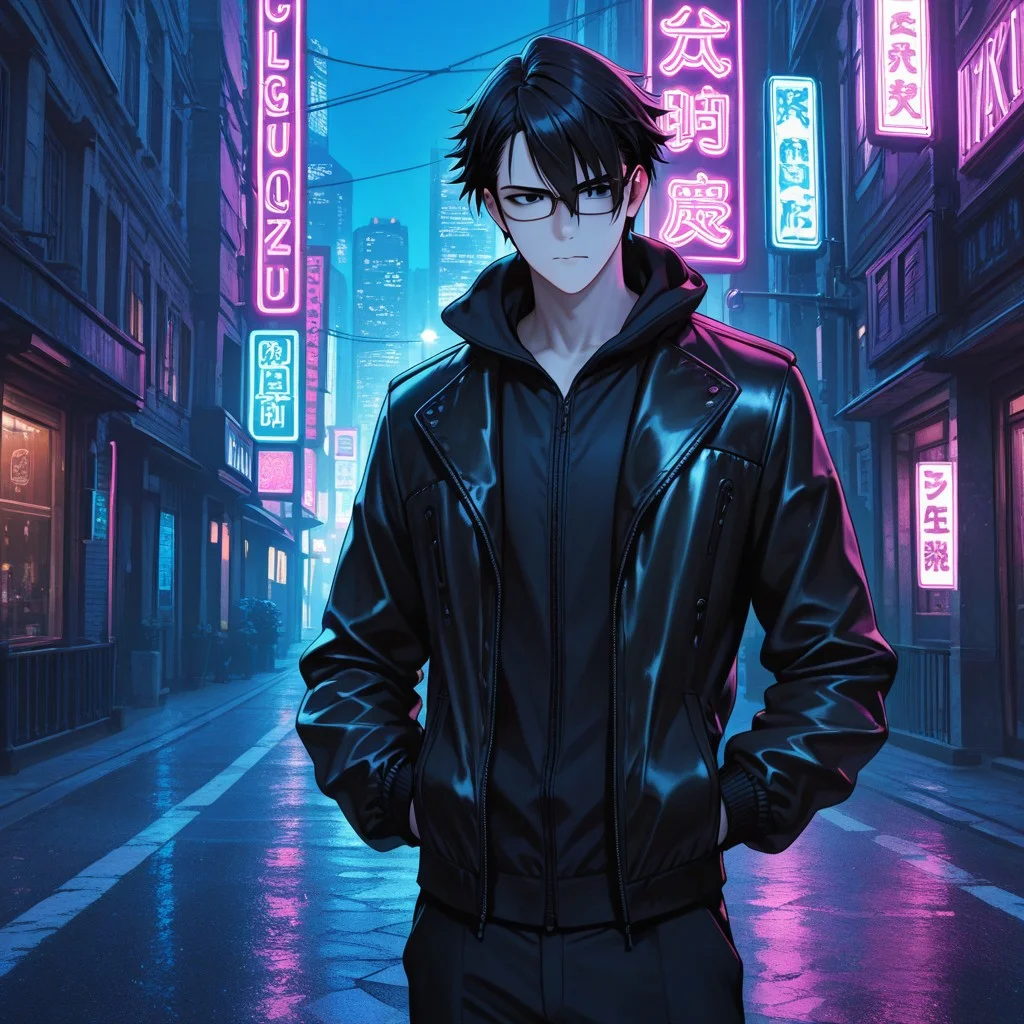 masterpiece, best quality, amazing quality, absurdres, newest, detailed background, definition so sharp, Ultra-HD, 8K cinematic, very awa, impressionate, amazing quality, highres,
solo, male focus, manly,
saruhikofushimi, saruhiko_black hair, saruhiko_black eyes, 1boy, short hair, glasses, stylish jacket, standing, hands in pockets, city street, night, neon lights, cool colors, confident, stylish, slightly intimidating, charming