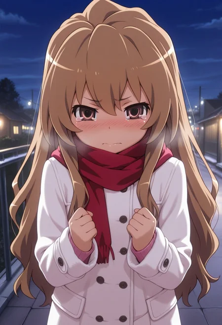 masterpiece,best quality,amazing quality, aisaka taiga, brown hair, long hair, brown eyes, 1girl, solo, scarf, night, sky, coat, tears