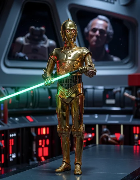 realistic photo of c3po robot holding a lighsaber standing on the be bridge of a star destroyer, sharp focus, highly detailed, photoshoot, cinematic, star wars style, <lora:C3PO:1> <lora:Imperial_Star_Destroyer_Main_Bridge_Flux:1>