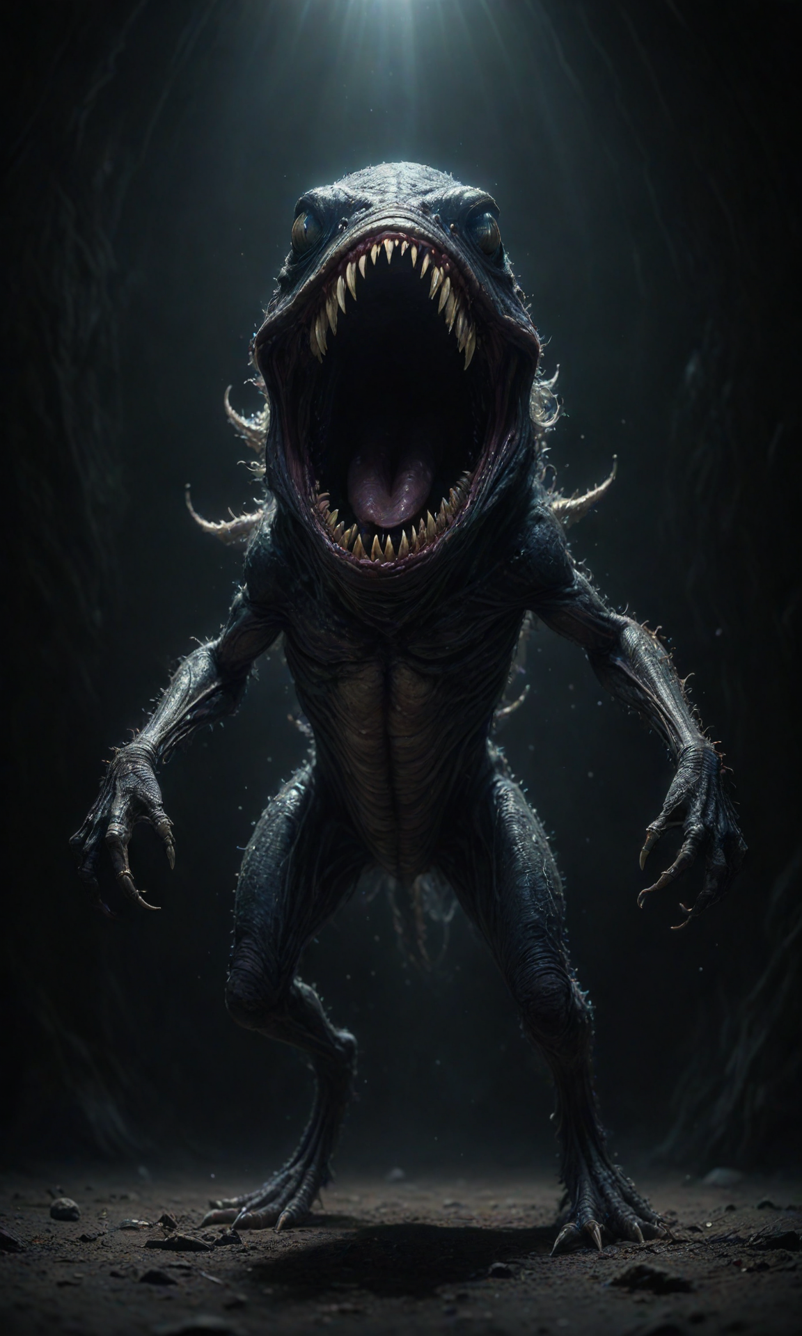 A creature from the deep space, dark background. The creature has a large mouth made of light and is standing on the ground in a dark room with shadows all over it 8k ultra realistic art trending on ArtStation by ZdzisÅaw BeksiÅski award winning art, 4k, unreal engine, octane render, intricate details, concept art <lora:Fast:0.69>