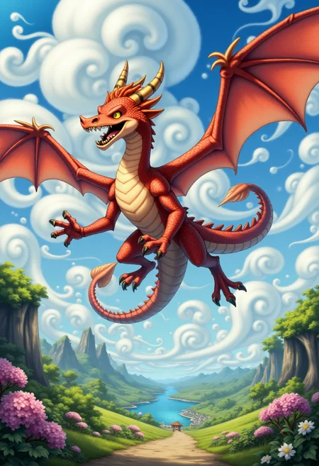 <lora:KFT_Curse_of_Dragons_Crown_Style_FLUX:1>
The image is a vibrant, digitally created kftfantasy illustration featuring a dragon flying through the sky