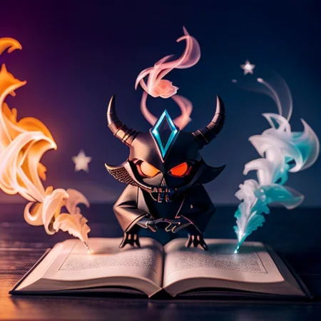 a red imp devil with back eyes is summoned from occult summoning circle with the devil asking the page in the book that the spell was on that summoned him into this world with smoke and blue gemstone as catalyst<lora:plastiq_10:0.31> pffpffpff:2