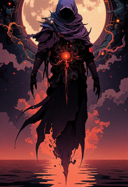 A dark, ethereal cyberknight spirit floats in a haunting void, its form barely visible, flickering with deep violet and midnight blue hues. Its ghostly figure, shadowy and graceful, exudes an eerie, ancient energy. Wisps of darkness swirl around the spirit, shimmering with faint traces of arcane magic. Its texture appears almost spectral, with tendrils of black mist spiraling from its form. The surrounding space feels ominous and otherworldly, as if this spirit has long transcended life. Its hollow gaze pierces through the darkness, cold and distant, exuding a powerful, foreboding presence that sends shivers down the spine. The scene is filled with a sense of mystery and dread, as if this otherworldly being holds secrets from beyond the grave, an embodiment of ancient sorcery and untold power.
. The scene is enchanting, bathed in warm, moonlit hues, with the water below reflecting the shimmering glow of the ghost. Swirls of cosmic mist dance faintly around, adding a subtle sense of magic to the atmosphere, without disrupting the lighthearted mood.