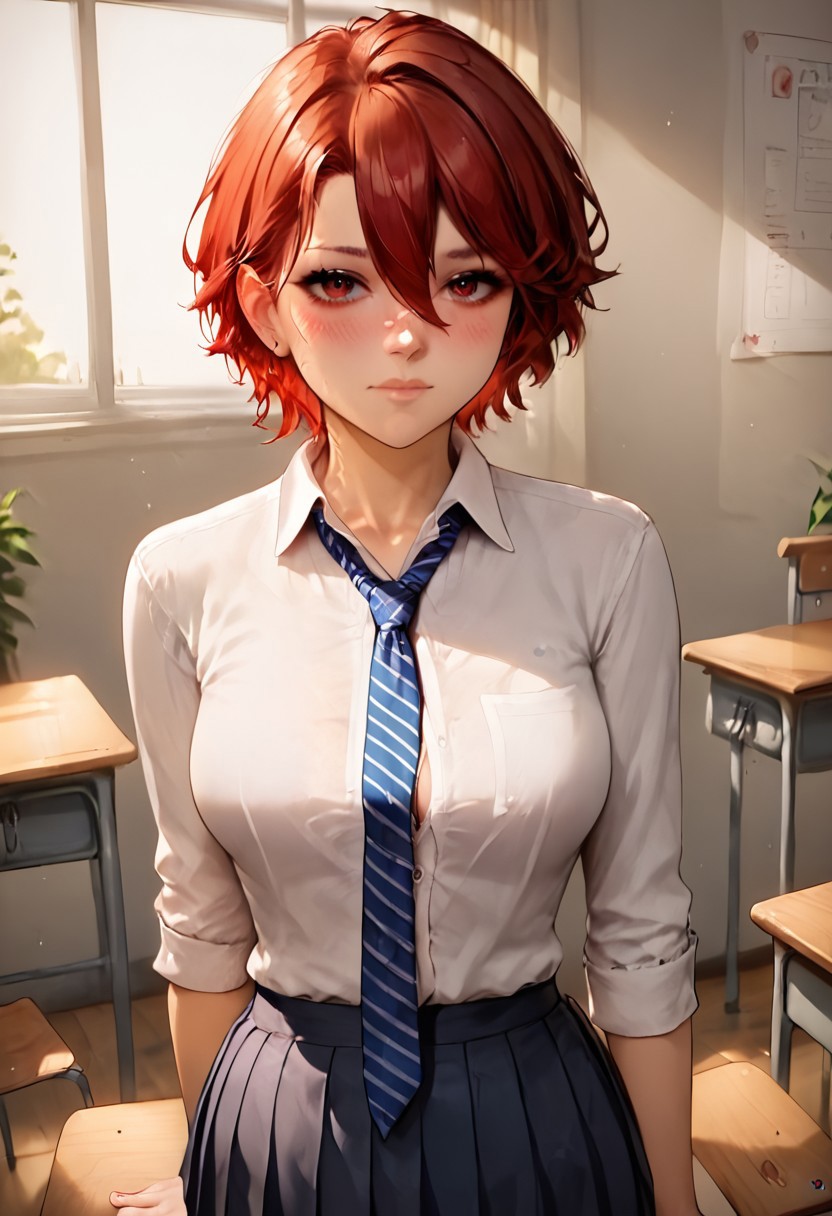 score_9, score_8_up, score_8,
SFW,
closed mouth,
red eyes, red hair,
Standing,
tiny breasts,
sexy 18 year old girl, 1girl, 
D37_Da441, 
short, athletic, blushing, looking at viewer, 
solo, breasts, blush, short hair, skirt, shirt, hair between eyes, closed mouth, school uniform, white shirt, necktie, striped, collared shirt, indoors, chair, cardigan, desk, blue necktie, classroom, school desk, striped necktie,
Expressiveh,