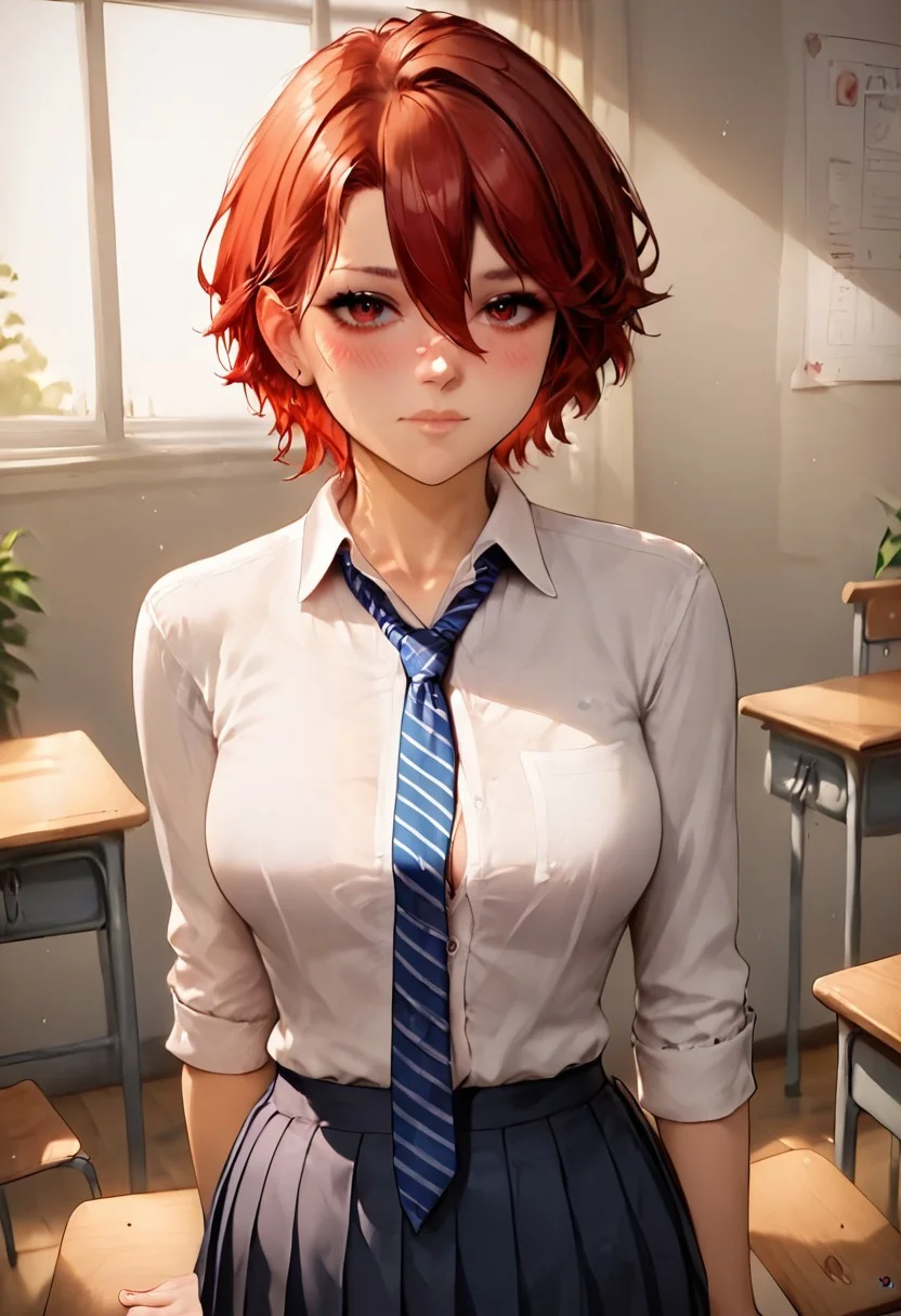 score_9, score_8_up, score_8,
SFW,
closed mouth,
red eyes, red hair,
Standing,
tiny breasts,
sexy 18 year old girl, 1girl, 
D37_Da441, 
short, athletic, blushing, looking at viewer, 
solo, breasts, blush, short hair, skirt, shirt, hair between eyes, closed mouth, school uniform, white shirt, necktie, striped, collared shirt, indoors, chair, cardigan, desk, blue necktie, classroom, school desk, striped necktie,
Expressiveh,