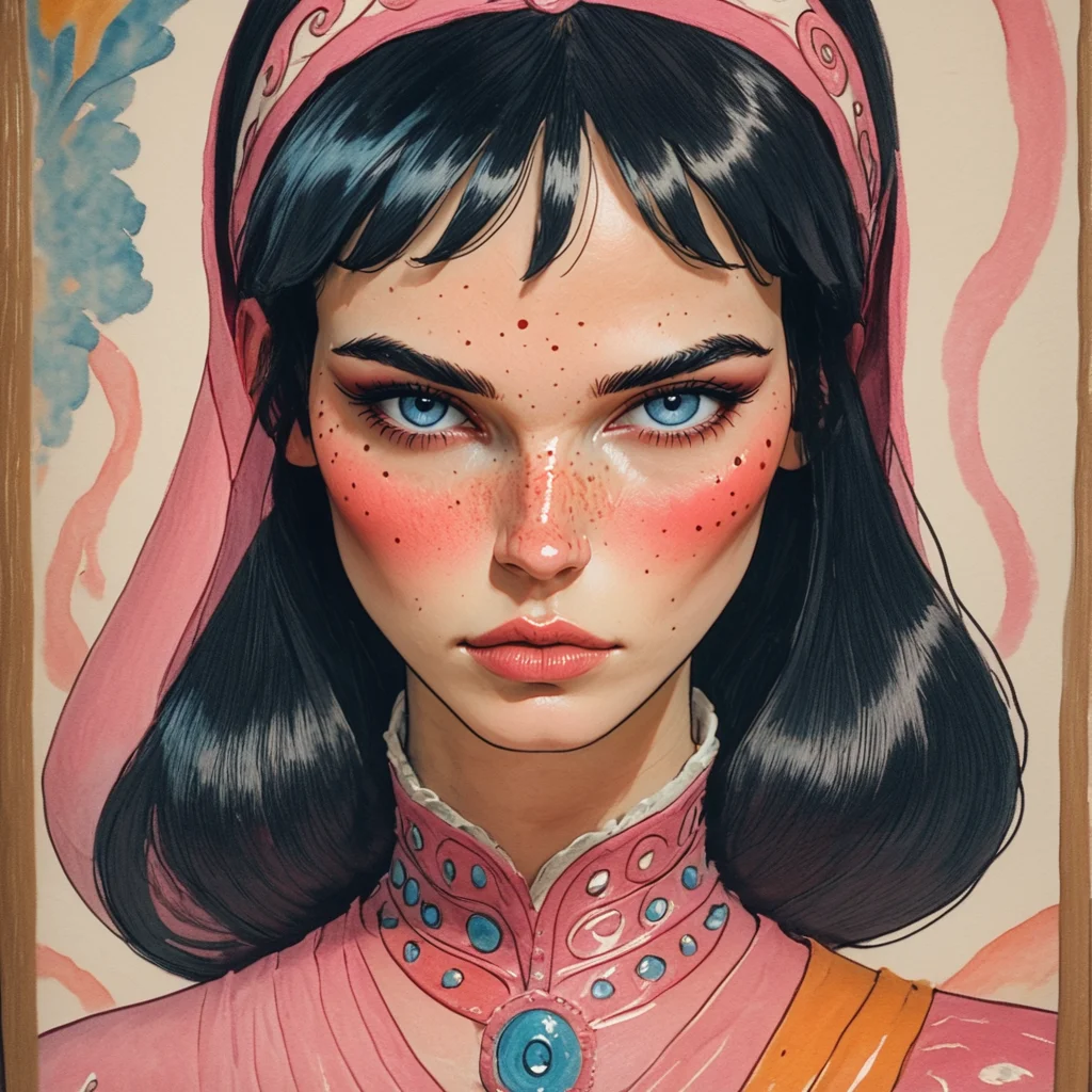 Score_9, score_8_up, score_7_up, score_6_up, BREAK <lora:Pastel_ReveriePony:1> ArsMJStyle, Pastel Reverie, The image shows a painting of a woman wearing a pink headdress with a human face in the center., 1girl, solo, freckles, traditional media, black hair, looking at viewer, portrait, blush, painting (medium), blue eyes