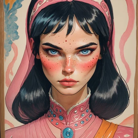 Score_9, score_8_up, score_7_up, score_6_up, BREAK <lora:Pastel_ReveriePony:1> ArsMJStyle, Pastel Reverie, The image shows a painting of a woman wearing a pink headdress with a human face in the center., 1girl, solo, freckles, traditional media, black hair, looking at viewer, portrait, blush, painting (medium), blue eyes
