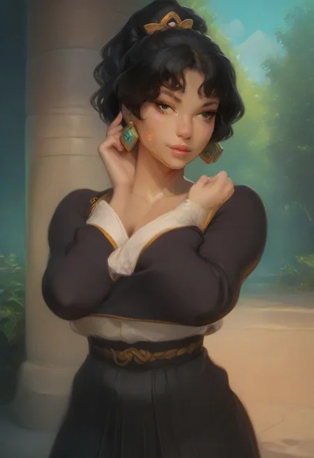 (score_9, score_8_up, score_7_up), score_6_up, best quality, masterpiece, extreme detail, perfect lighting, 4k, 2d, rating_explicit, nsfw, very detailed, best quality, highly detailed texture, depth of field, masterpiece, BREAK, 1girl, ChelXLP, chel, majestic,beautiful bright pupils, black hair, ((ponytail)),green earrings, cute face, (gorgeous face:1.3), (skin detail:1.3), (shadows:1.3), (sweat, steamy, oily, shiny:1.3), ((( black hair, large breasts,perfect body, thick thighs,
 short hair, ear piercing,jewelry, japanese clothes, long sleeves, asymmetrical sleeves, hakama skirt, bridal gauntlets,
 fantasy, solo focus,epic, concept art, realistic, highly detailed, upper body, looking at viewer ))), looking at the viewer, detailed, intricate details, realistic,((( top view))), tan skin,cowboy shot,csr style,g4n1m3,Sculpted grace