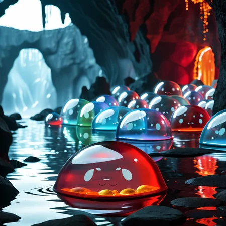Red lava slimes, red and black magma slimes, red and prange fire slimes, white and black ash slimes, translucent slimes, transparent slimes, black obsidian slimes, lava slimes, magma slimes, ash slimes, obsidian slimes, detailed slime monsters, detailed slimes, slimes with faces, expressive slimes,
lava chamber, magma chamber, cave with pools of magma, fiery environment, detailed environment, cavern, lava, magma, 
everything made of slime, No simple background,
((translucent slime)), ((transparent slime)), (bioluminescent slime), sl1m3d, slime, slime-morph, saturated colors, no humans, no people, no man, no woman,