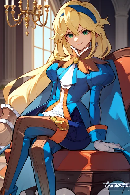 score_9, score_8_up, score_7_up, score_6_up, source_anime, 1girl, solo,  <lora:clarissaarwin-pdxl-nvwls-v1-000005:1> clarissa arwin, blonde hair, hairband, low-tied long hair, white ascot, blue cape, blue coat, puffy sleeves, white gloves, blue pants, thigh boots, sitting in chair, crossed legs, mansion, looking at you, chandelier, smirk