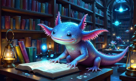 (digital artwork in the style of ckgf:1.25), (axolotl:0.9), close-up of a scholarly axolotl librarian perched on a floating book surrounded by a library of impossibly tall shelves filled with glowing, floating tomes; its frilled gills shimmer faintly as it flips through a magical book emitting soft blue light, runes spiraling outward from the pages; the warm glow of enchanted lanterns illuminates the scene, casting soft, flickering shadows across the rows of ancient texts and mystical artifacts<lora:Axomodel_Flux_V1.1.safetensors:0.9:0.9> <lora:ck-Goro-Fujita-000019.safetensors:1.25:1.25> <lora:PCB_Image_Enhancer_for_FLUX.safetensors:0.5:0.5>