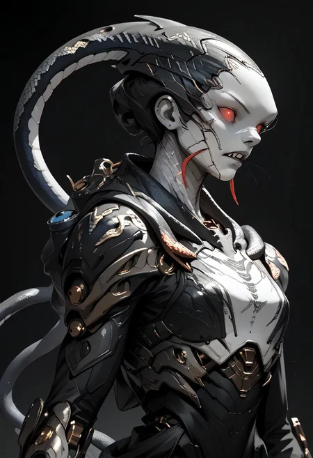 Subject: A humanoid-shark hybrid creature, with the head of a great white shark and a muscular, off-white humanoid body. snake, snake on shoulders, upper body. The creature stands aggressively, with its shoulders squared and head tilted forward, revealing a menacing snarl and rows of sharp teeth.
Visual Elements: The shark's head is smooth, pale grey, with a pointed snout and visible red eyes. A small dorsal fin is visible behind the head. The creature's body is rough and textured, with a crudely stitched scar running horizontally across its chest. Golden, pointed, blade-like protrusions or armor pieces are visible on the creature's shoulders.
Lighting: Dramatic lighting, with a darker background that emphasizes the creature's features and provides a stark contrast to its lighter skin. The background is blurry, dark teal or blue-grey,
Camera Angle: Close-up, focusing on the creature's upper body and head. The angle of projection is slightly from below, looking up at the creature, enhancing its imposing presence.
Composition Style: The image is not a photograph, drawing, or line art, but a digitally created image, likely a rendering. There are no visible accessories, clothing, or wearable tech. The style of the artwork is realistic, with a high level of detail in the creature's skin texture and facial features.
sn4k3, snake, snake on shoulders, upper body, asdfm3cha, mcnm, monochrome, glow, neon