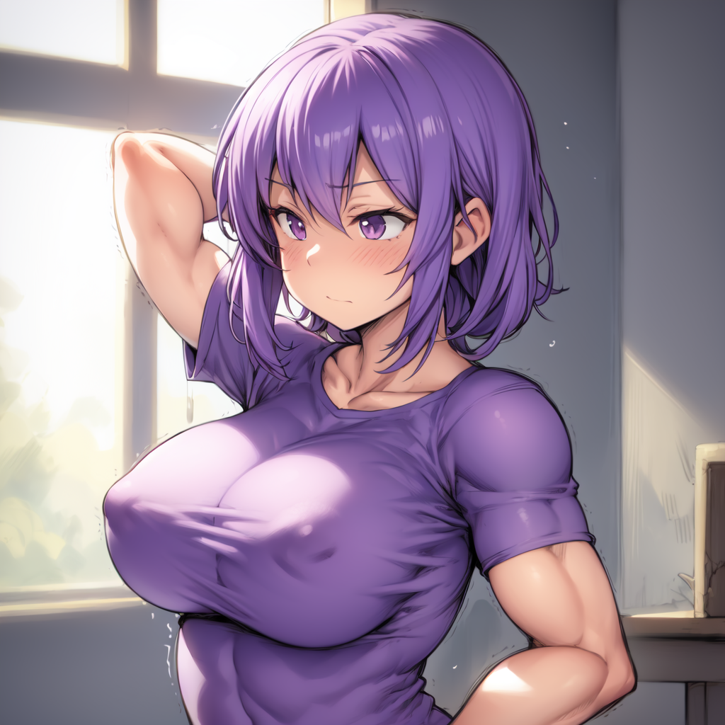 <lora:MuscleMommyLoraV1.0-000001:1>,  muscle_mommy, purple hair, tshirt