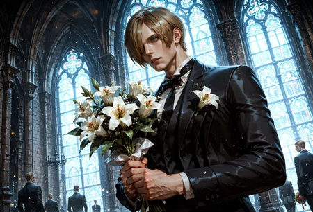 ,indoor,inside a cathedral,stained glass windows,leon kennedy, brown hair, light blue eyes.hair over onE eye,male,jawline,masculine,groom,formal,,1boy,male focus,solo,cheekbones,detailed face,alone,,((holding bouquet,formal)),papillon,tuxedo,,standing,half body,front view,facing viewer,looking at viewer,,majestic,detailed eyes,o xpressive,cinematic,,far away, ,detailed eyes,perfect eyes,motion blur,motion lines,motion cinematic,dutch angle,bokeh,depth of view,c,spread angle,handsome,wind,male,,eye contact,zombie apocalypse,monster in background,undead,zombiss,zombies in background