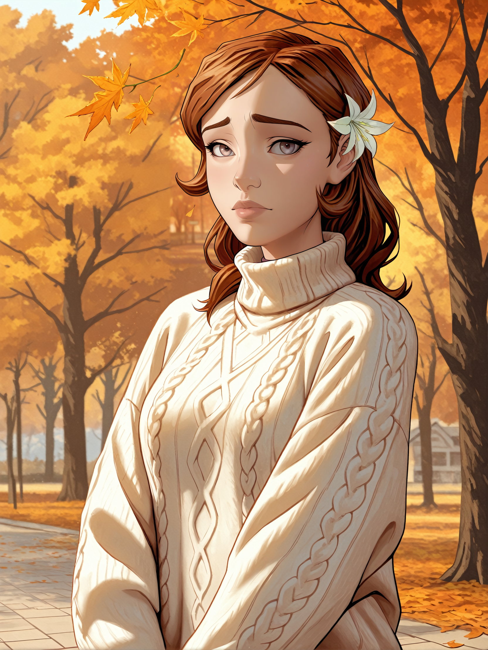masterpiece, best quality, amazing quality, very aesthetic, absurdres, newest,
<lora:ILWolfNerissa:1.0>
WolfNerissa, 1girl, brown hair, long hair, flower, looking at viewer, oversized sweater, autumn park, falling leaves, cozy and warm, cinematic shot, dreamy atmosphere