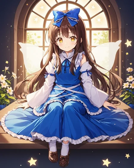 star sapphire,1girl, solo, one_eye_closed, smile, flower, hair_bow, star_\(symbol\), ;\), juliet_sleeves, fairy_wings, looking_at_viewer, blue_dress, frills, window, wide_sleeves, shoes, ribbon, bobby_socks, star_\(sky\), sitting, full_body, blue_bow
<lora:star_sapphire_image1386_2023-12-20-000012:1>,star-shaped_pupils,symbol-shaped_pupils,. gorgeous,key visual, vibrant, studio anime,award-winning, professional, highly detailed,high budget, cinemascope