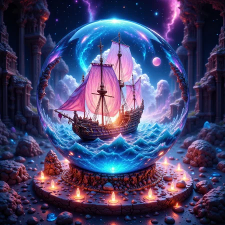 bo-exposure, pinketherealmj, a crystal ball showing A beautiful magical ocean inside, with a fleet of fantasy style  mini viking ships. The crystal ball is floating inside a colorful cosmic storm on space, magical glow, internal glow, magic, fantasy, glowing, colorful,