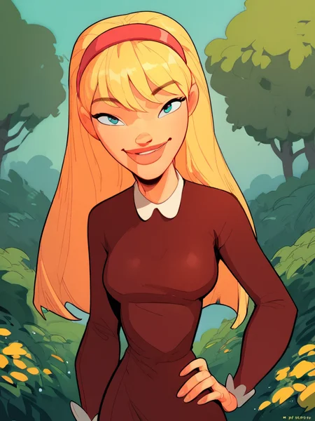 <lora:NatPony2.0:1> nat, thick lips, hairband, blonde hair, long hair, 1girl, solo, breasts, dress, smile, outdoors, looking at viewer, hand on own hip,, score_9, score_8_up, score_7_up, score_6_up, score_5_up, score_4_up