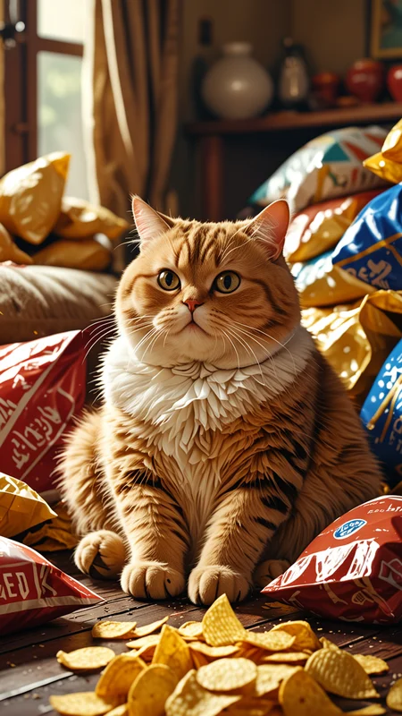 The obese cat is sitting on the sofa, surrounded by many bags of chips. Images cute,cinematic experience, 8k, fantasy art, RPG style,  cute creatures, <lora:MJ52:0.5>