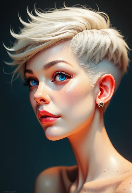 score_9, score_8_up, score_7_up, score_6_up, score_5_up, score_4_up, realistic, A close-up of a model with short, platinum blonde hair styled in a pixie cut, her piercing blue eyes filled with determination, and a subtle, confident smirk. , backlight, cinematic photoshot <lora:ponys-dream:.9>