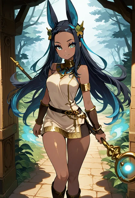 masterpiece, best quality, 1girl, solo, eyelashes, (beautiful eyes), narrow waist, smile, aaAnuNessaCitron, blue eyes, eyeshadow, animal ears, black hair, blue hair, hair bun, long hair, multicolored hair, two-tone hair, dark skin, forehead, sidelocks, C0utur3Cr4z3, 1girl, solo, ornate leaf crown, flowing tunic, leather boots, enchanted staff, forest background, magical aura â aaAnuNessaCitron stands at the heart of an ancient forest, surrounded by towering trees and ethereal mist. Her long, multicolored hair flows freely, with blue and black strands glinting in the soft light. An ornate leaf crown rests atop her head, and she holds an enchanted staff, its tip glowing with magical energy. Her flowing tunic and leather boots add a grounded, warrior-like elegance to her guardian look, while her animal ears and blue eyes give her an air of mystery. The forest seems to hum with her presence as if she is the protector of its secrets. , <lora:AnubisNessaCitronOC_NAI:1.0>, <lora:CoutureCraze_IXL:0.7>,