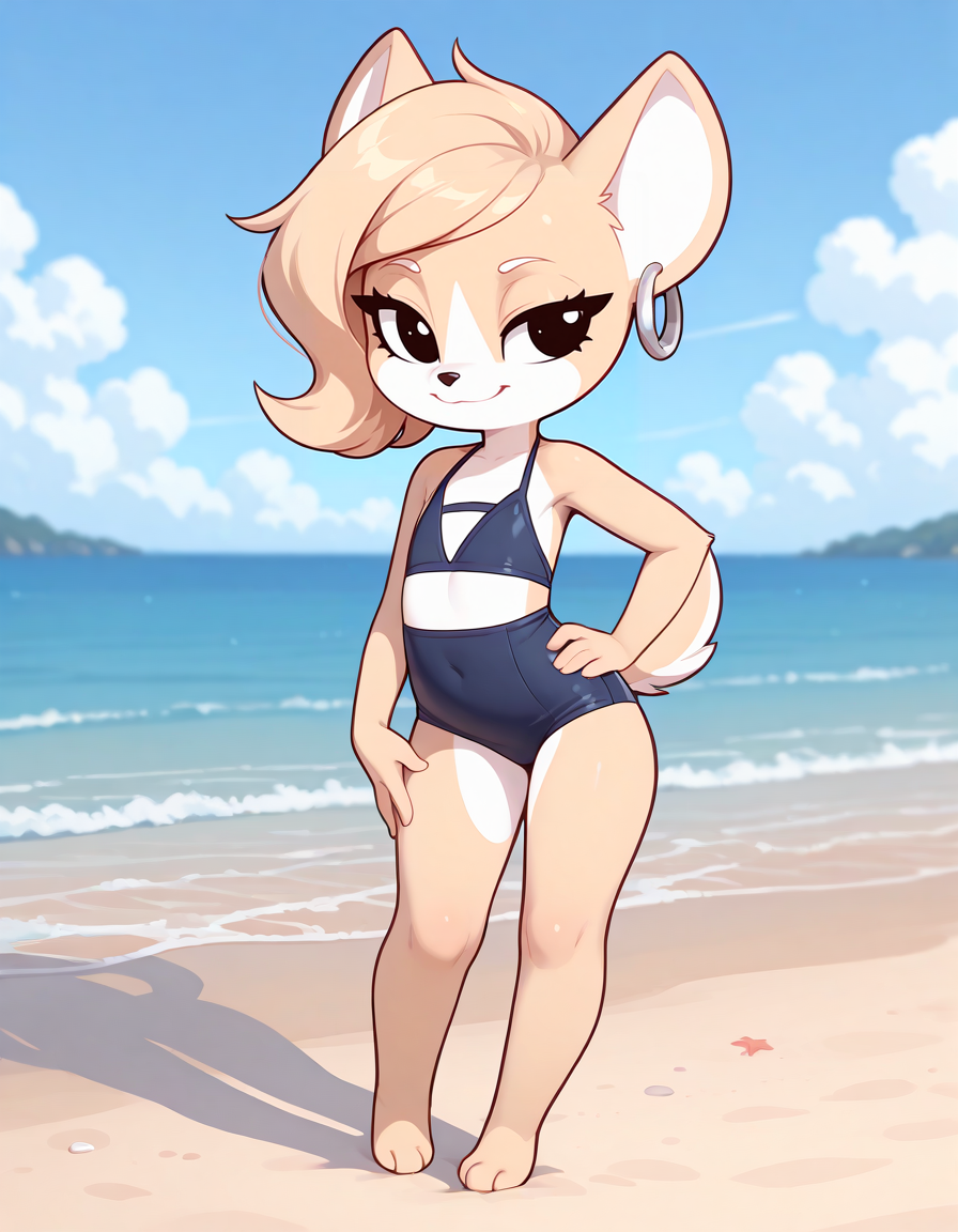 masterpiece, best quality,
outdoors,detailed background,beach, 
 full body,seductive smile,long eyelashes,
standing, pose,
swimsuit, 
<lora:add-detail-xl:1>,
<lora:Maddy_v0.1_ILXL:1>,
Maddy,1girl,solo,animal ears,furry female,animal nose,tail,body fur,two-tone fur,earrings,white fur,black eyes,flat chest,jewelry,blonde hair,hoop earrings,short hair,