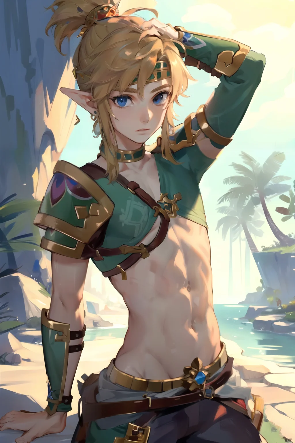 (masterpiece), (best quality),
detailed face, 1boy, solo,
desertlink, male focus, jewelry, looking at viewer, navel, ponytail <lora:LinkDesert-16:0.7>