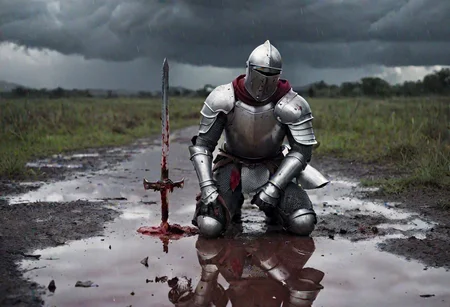 Masterpiece, DonMSt34mPXL, Realistic Lightning, Cinematic Lightning, Dark Lightning, Rain, Puddle, Clouded Sky, medieval, fantasy, pedestrians, Cape, Reflection, Corpses, Battlefield.
((((kneeling, male Knight, with bloody armor and closed helmet. Holding a broken sword) leaning on a (broken sword))) in a medival battlefield). (Unfocused corpses laying in background). fandist background.