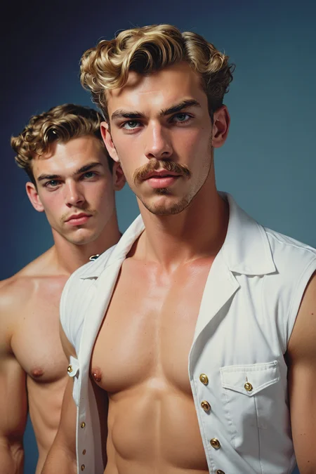 two men, 2men, 25yo sailor, shirtless, facial hair, buff, white uniform, style of (Paul Cadmus, James Bidgood)