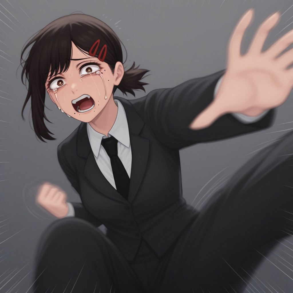 Expressiveh, motion lines, action blur, crying, crazy, glowing eye trail,  below_pov, kobeni higashiyama, black hair, hair ornament, hairclip, mole, mole under eye, ponytail, short hair, brown eyes,,black necktie, black pants, business suit, formal, long sleeves, necktie, pants, suit, solo, beating_you, fists