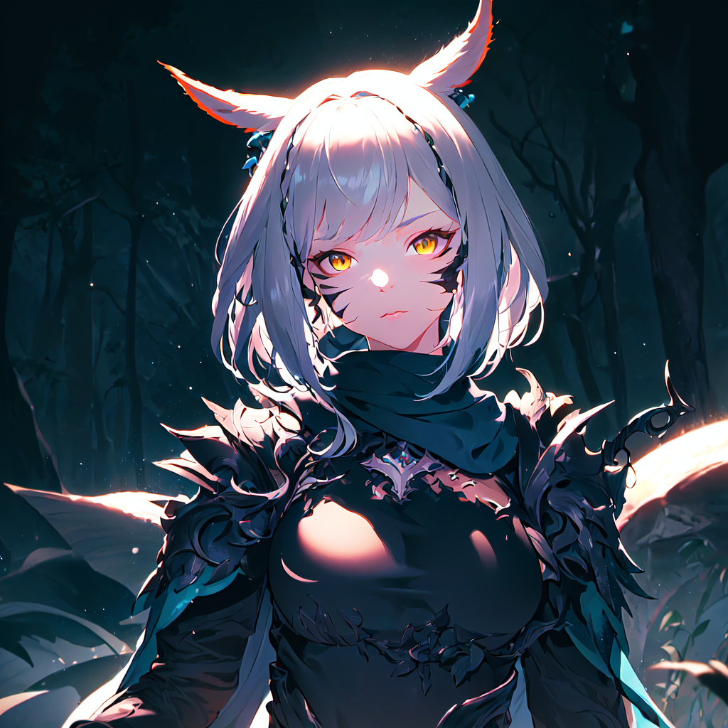 best quality, high resolution, distinct image, concept art, Original Characters, Natural Volumetric Lighting And Best Shadows, Deep Depth Of Field, Sharp Focus, Portrait Of Stunningly Beautiful Young Petite Girl, Soft Delicate Beautiful Attractive Face With Cute Yellow Eyes, Sharp Eyeliner, Shy Expression,  Disheveled White Hair, Thick Layered Short Modern Hairstyles, Blush Eyeshadow With Thick Eyelashes,  Knight Armor on upper part of the Body, Long Blue Scarf Wrapped Around Neck, (Dark Forest Background:1.15), (Highest Quality, Amazing Details:1.4), Masterpiece, Bloom, Picturesque, Brilliant Colorful Paintings, Whole Body, Black Skirt and Exposed Thighs, (Miqo'te Ears:1.3), (Face Markings:1.3) <lora:last:1.3>