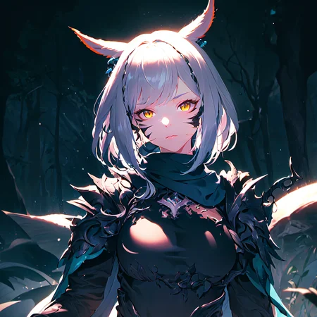 best quality, high resolution, distinct image, concept art, Original Characters, Natural Volumetric Lighting And Best Shadows, Deep Depth Of Field, Sharp Focus, Portrait Of Stunningly Beautiful Young Petite Girl, Soft Delicate Beautiful Attractive Face With Cute Yellow Eyes, Sharp Eyeliner, Shy Expression,  Disheveled White Hair, Thick Layered Short Modern Hairstyles, Blush Eyeshadow With Thick Eyelashes,  Knight Armor on upper part of the Body, Long Blue Scarf Wrapped Around Neck, (Dark Forest Background:1.15), (Highest Quality, Amazing Details:1.4), Masterpiece, Bloom, Picturesque, Brilliant Colorful Paintings, Whole Body, Black Skirt and Exposed Thighs, (Miqo'te Ears:1.3), (Face Markings:1.3) <lora:last:1.3>