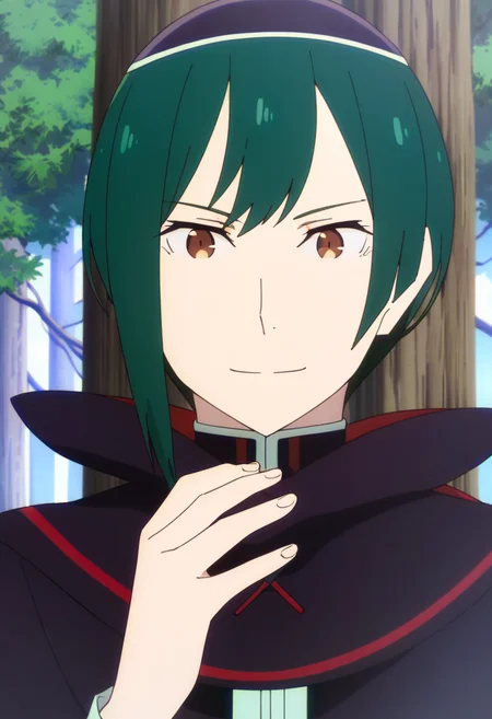 <lora:young_petelgeuse_romaneeconti:1> young, petelgeuse romaneeconti, smile, male focus, green hair, 1boy, tree, brown eyes, looking at viewer, anime coloring, portrait, solo