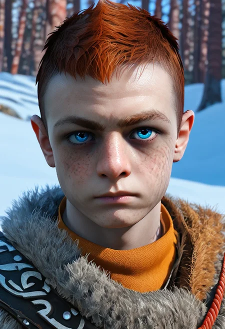 1boy, male focus, solo focus, Atreus, grey fur tunic, ginger hair, pale blue eyes, undercut, brown fur boots, snowy forest, viking,