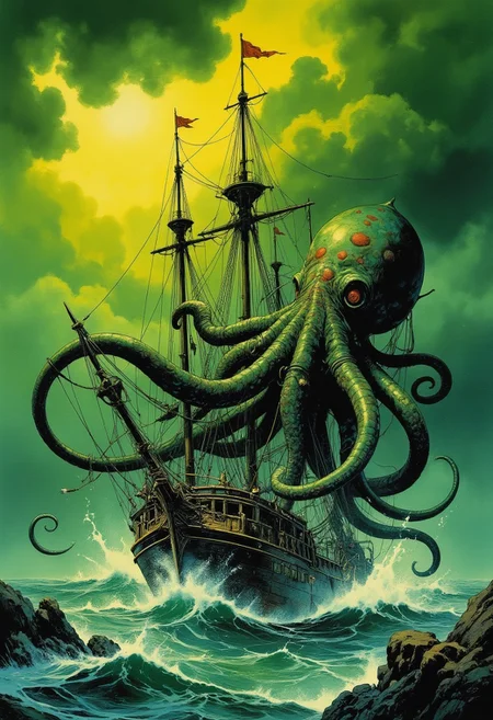 Comic book style 8k high quality digital painting , masterpiece, very detailed, ultra realistic, (best quality) very detailed epic masterpiece, a sailing ship on a stormy ocean is being attacked by a giant squid emerging from the water, tentacles winding around the ship, big waves, dramatic dark green yellow sky, action, scary, best quality, epic scene, Dungeons and dragons atmosphere, heroic fantasy, fna_style, Comic book style